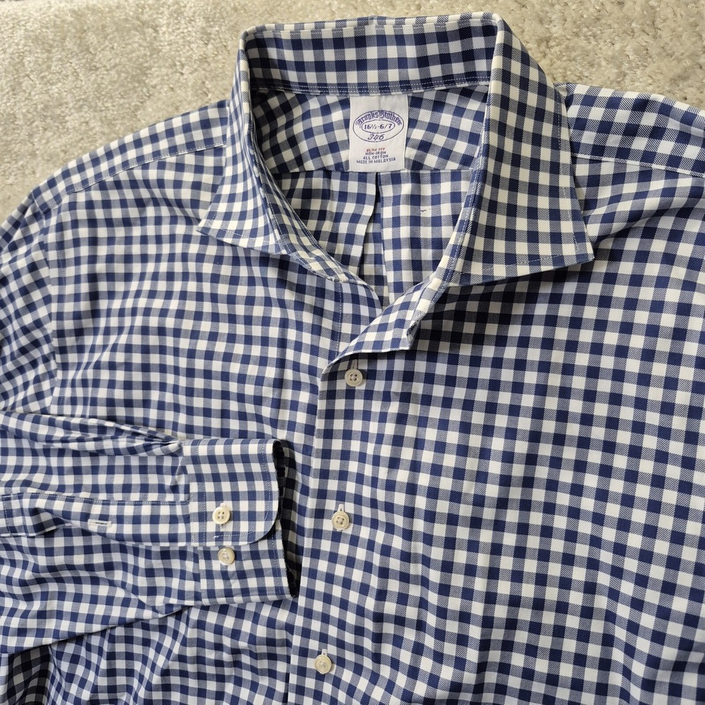 Brooks Brothers Button Up Shirt Mens 16/XL Blue Gingham Check Preppy Academia